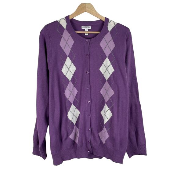 y2k Purple Argyle Plaid Academia Preppy Knit Cardigan Sweater Size 1X Soft Cozy - Picture 1 of 8